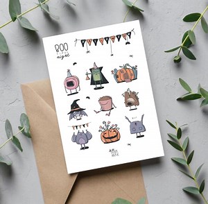 Halloween Printable Set | Cute Hand Drawn Cards, Stickers & Patterns | PDF, JPEG, A4| Print at Home - Etsy