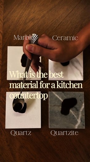 Rola Chami on Instagram: "✨ Which countertop material is best for your kitchen? We tested marble, ceramic, quartz, and quartzite using a simple real-life experiment: a coffee spill. ☕ Here’s what happened: • Marble → stained quickly due to its porous nature. • Ceramic → resisted stains well. • Quartz → highly stain-resistant and easy to clean. • Quartzite → natural stone with stronger resistance than marble. 👉 Conclusion: If stain-resistance is a priority, quartz or ceramic are your safest choi