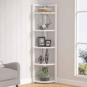 Tribesigns 5 Tier Corner Shelf, Modern Corner Bookshelf Small Bookcase Storage Rack Plant Stand for Living Room, Home Office, Kitchen, Small Space (White)
