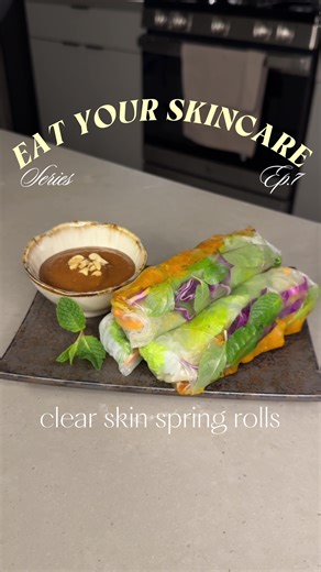 EAT YOUR SKINCARE // ep. 7 🌱 Clear Skin Spring Rolls (Vietnamese summer roll) This is such an easy, customizable recipe that can be done in under 15 minutes and leaves you with clearer, balanced, and calmed skin Full recipe: - chop prep carrots, cucumber, bean sprouts, butter lettuce, mint - wash and cut cod (or white fish) in cubes - mix in with minced shallots, minced garlic, turmeric, sesame oil, fish sauce, salt pepper (traditionally with shrimp paste for the marinade but i skipped) - chop 