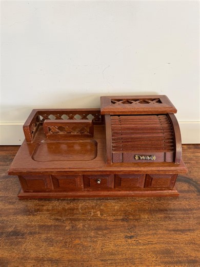 Vintage Wooden Roll-top Desktop Organizer Box • 12” Desk Caddy W/ Drawer, Carved Wood Lattice, Jewelry Storage, Office Decor, Rustic Wood - Etsy