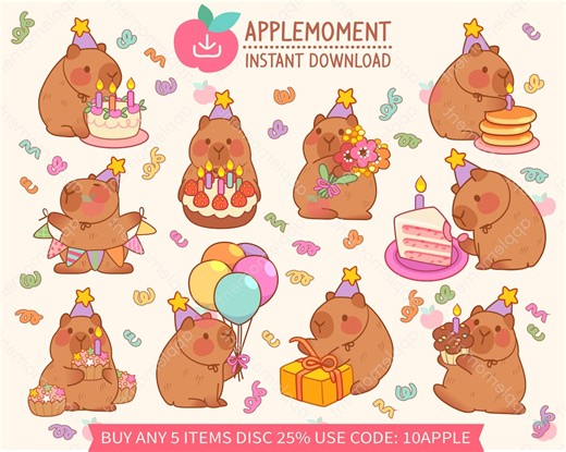 Kawaii Capybara Birthday Clipart Stickers, PNG, Goodnotes (digital Download) - Etsy