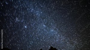 Astro Time Lapse of Meteorite Burst & Star Trails over Desert Rock -Tilt Down-