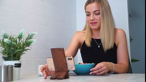 Wood Cell Phone Stand - Desktop Phone Holder for Desk - Walnut Eco-Friendly Stand Compatible with All iPhone (12, 11, X, Pro, Mini, Max...) Samsung, Ipad, Tablet, Kindle (Girl)