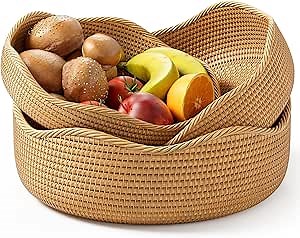 Rattan Bread Basket, 3 Pack Hand Woven Round Fruit Baskets for Serving, Picnic Basket, Wicker Storage for the Living Room Kitchen (Honey Brown)
