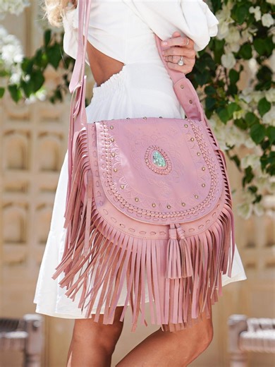 Pink Boho Cross Body Fringe Purse, Tooled Leather Bag for Women - Etsy