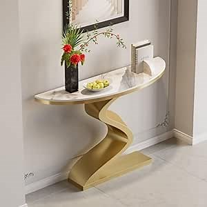 homary 39.4" White & Gold Half Circle Entry Table, Half Moon Wall Table with Uniquely Designed Curved Legs for Entryway/Hallway/Living Room/Foyer, Sintered Stone Top