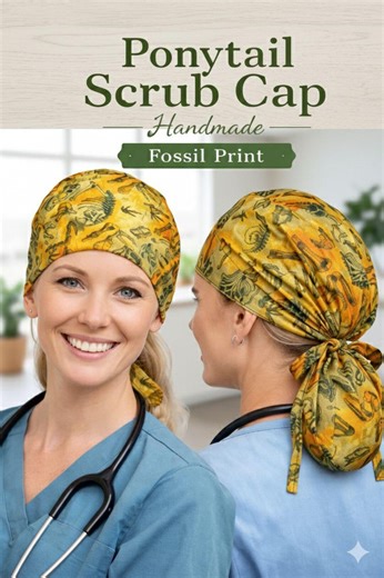 Ponytail Scrub Cap Fossil Print – Handmade Surgical Cap | Valentine Gift for Nurses - Etsy