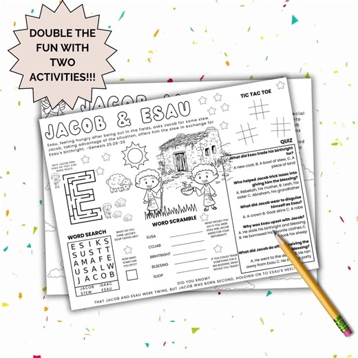 Jacob and Esau Printable Placemat Activity, Old Testament Coloring Page, Bible Sheets for Kids, Sunday School Games, Christian Homeschooling - Etsy