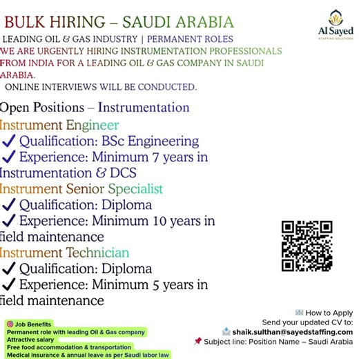 Mass Hiring's Instrument Engineer's & supervisors, Technicians for Saudi Arabia Oil & Gas industry