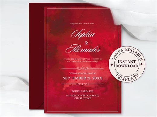 Red Wedding Invitation Template, Editable in Canva, Burgundy Watercolor, Formal Printable Invite, Instant Download - Etsy