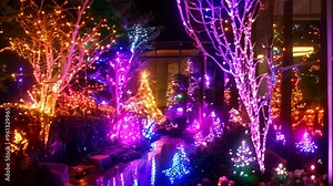 A festive display of twinkling holiday lights adorns trees and a small stream, creating a magical winter wonderland, A magical and colorful holiday light display