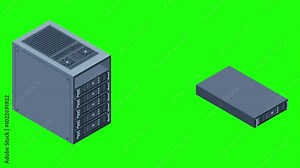 Isometric server animation. Server racks. Server boxes isolated. Network server room. Computer network technology. 4K video animated in isometric style