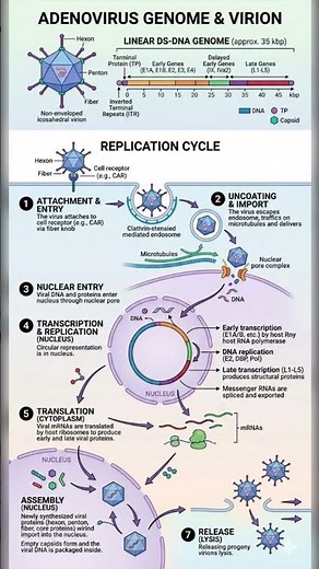 A detailed diagram of the adenovirus virion structure and lifecycle.