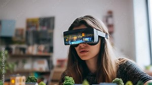 Young woman wearing virtual reality glasses, engaged in immersive experience, with miniature models in background