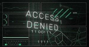 Animation of access denied text, graph, lines, navigation pattern over binary codes. Digitally generated, hologram, illustration, protected, locked, report, business, coding and technology concept.