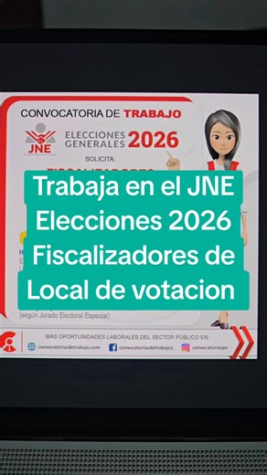 Nuevos empleos en el JNE para las ELECCIONES GENERALES 2026 Convocatoria para contratar FISCALIZADORES DE LOCAL DE VOTACIÓN a nivel nacional N° de Plazas requeridas: Más de 15 mil plazas ✅ EDUCACIÓN: Hay plazas para estudiantes, egresados, bachilleres y titulados de carrera técnica y/o universitaria ✅ REQUISITOS: • Contar con RUC Activo y Habido. • No estar afiliado(a) a una organización política. • No encontrarse impedido (a) de contratar con el Estad • No tener vinculo de parentesco con candid