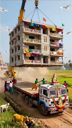 Loading process of the entire building onto a flatbed truck