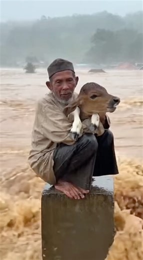 Rescue of a grandfather when surrounded by flood #shorts #cow #flood
