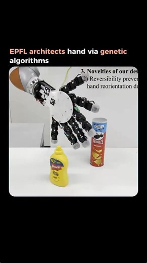 Luminica | AI & Tech Demos on Instagram: "🤖 This is what happens when you let algorithms design robots. EPFL researchers used genetic algorithms to architect a robotic hand that solves a fundamental problem: fixed arms have limited reach. The system optimizes finger placement and role assignment automatically. Some fingers grasp objects, others crawl. The hand detaches via magnetic coupling, walks on its fingers to retrieve items beyond arm range, then redocks while still holding them. The brea