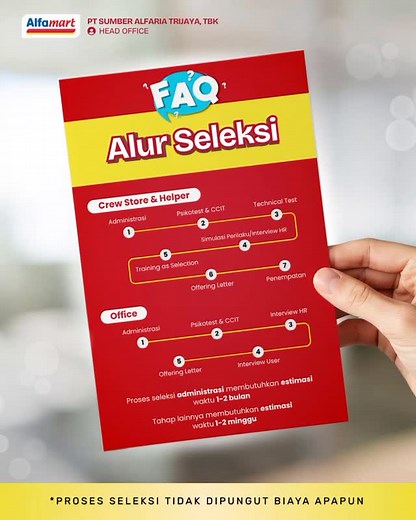 Karir Alfamart Branch Karawang on Instagram: "Hi, Sobat Alfa!👋🏻 Seluruh proses seleksi karyawan PT Sumber Alfaria Trijaya, Tbk hanya dilakukan melalui tahapan resmi sebagaimana tercantum pada gambar dan TIDAK DIPUNGUT BIAYA SAMA SEKALI. Pastikan selalu memeriksa informasi lowongan hanya melalui website resmi E-Recruitment Alfa Karir atau instagram Alfa Karir official dan cabang😊"