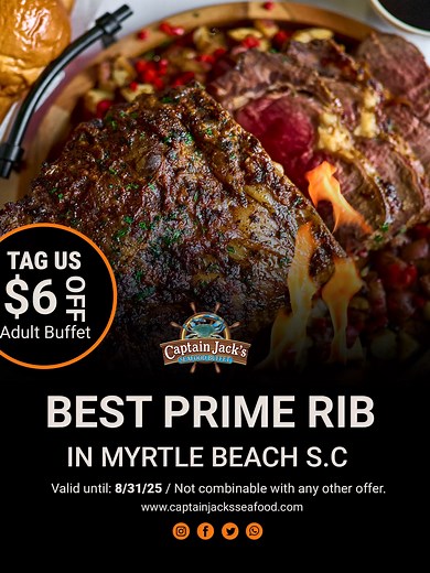 🦀 $6 OFF Adult Buffet! 🦀 Savor Prime Rib & ALL Seafood Items 🍤🥩 at Captain Jack’s Seafood Buffet! 📅 Valid until: 8/31/25 ⚠️ Not combinable with any other offer. 💡 How to get your discount: 📱 Tag us on TikTok, Facebook, or Instagram when you visit! 📍 1400 Hwy 17 S, North Myrtle Beach, SC 29582 🌐 captainjacksseafood.com #SeafoodLovers #PrimeRib #CaptainJacksSeafood #NorthMyrtleBeach #SeafoodBuffet #SeafoodFeast #PrimeRibNight #SeafoodTime