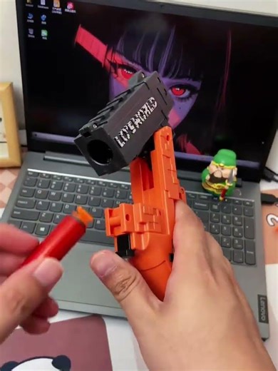 Wow, this is so cool. Playing with a very new thing, a toy gun.