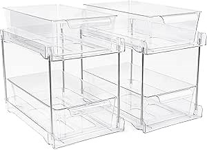 2 Pack 2-Tier Bathroom Under Sink Organizers and Storage - Clear Stackable Containers for Kitchen, Pantry, Vanity, Medicine Cabinet, Makeup, and Counter with Pull-Out Track