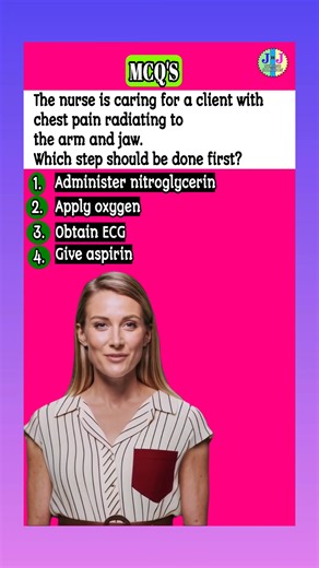 A nurse is caring for a client with chest pain radiating to the left arm and jaw. Which action should be done first? #NursingEducation #CardiacCare #ChestPain #NCLEXPrep #ClinicalNursing | JnJ Nursing Solution