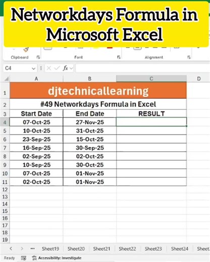 Deepak Jhanswa on Instagram: "Excel NETWORKDAYS Formula Explained in 60 Seconds | Working Days Between Two Dates Learn how to calculate working days between two dates in Excel using the NETWORKDAYS formula! Perfect for HR, project management, payroll, and anyone who needs accurate business day calculations. Includes weekends + holiday exclusions for precise results. Try it in your next Excel sheet! ✔️ Formula: =NETWORKDAYS(start_date, end_date, [holidays] #excel #excelshorts #networkdays #excelt