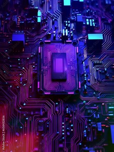 Microchips tracking surface in modern engineering laboratory developing nanotechnology and components for computers motherboard, chip, microcircuit. Vertical video for business.