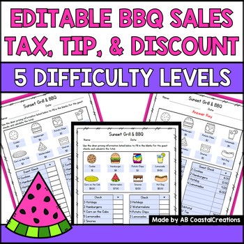 Editable Sales Tax, Tip & Discount Worksheets: Real-World Percent Math Activity
