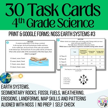 4th Grade NGSS Science Task Cards, Earth Systems, Sedimentary, Rocks, Moon