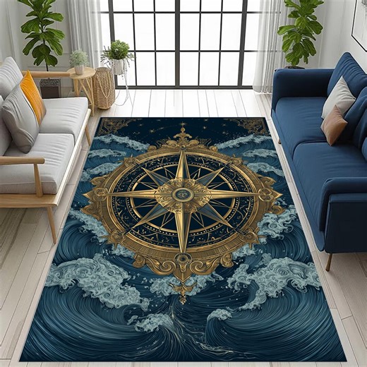 Nautical Compass Rug: Gold Maritime Star Carpet, Blue Ocean Waves Design, Classic Navigation Decor - Etsy