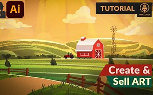 Adobe Illustrator教程中的乡村农场景观矢量插图