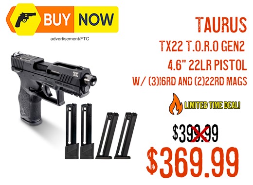 Taurus TX22 T.O.R.O Gen2 .22LR Pistol w/ 5 Magazines – $369.99