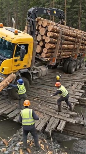 Heavy Logging Truck Struggles on Weak Wooden Bridge #truck #bridge #shorts #viral