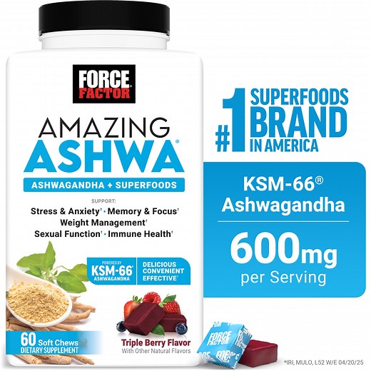 Force Factor Amazing Ashwa with KSM-66 Ashwagandha & L-Theanine for Stress Relief, Relaxation & Cortisol Balance, Triple Berry, 60 Soft Chews