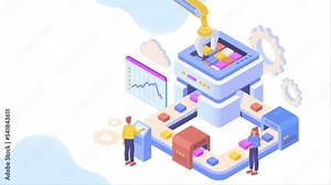 Data visualization video concept. Moving man and woman work on digital technological pipeline and analyze information, graphs and diagrams. Interactive statistics. Isometric graphic animated cartoon