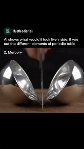 Motivation | Growth | News on Instagram: "AI reveals what the elements look like when sliced open 🧪 A new ASMR-style video created using AI is going viral for showing what the inside of each element on the periodic table might look like. From molten mercury cores to diamond-like carbon textures, each slice is surreal, oddly satisfying, and completely imagined by a machine. The video treats the elements like physical objects, cutting them open layer by layer with clean visuals and soft ambient s