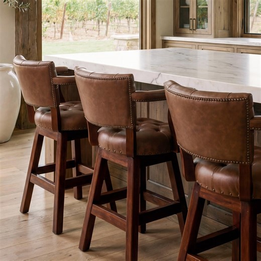 Swivel Bar Stool With Arms and Tufted Back - Medium Brown Leather Upholstered - Etsy