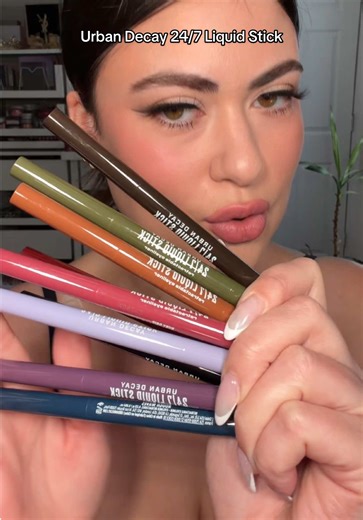 Liquid Stick Eyeliner! 👀〰️ swatching the new @Urban Decay Cosmetics 24/7 Liquid Stick Retractable Waterproof Eyeliners💧 These were #giftedbyurbandecay with no obligation to post. There are 9 shades: Brown Noise (deep matte brown) Dirty Martini (metallic olive) Fluid Fig (dark matte plum) Ruby Drip (shimmery raspberry) Rough Waves (deep matte navy) Wine Spill (deep matte burgundy) Denim Wash (shimmery periwinkle) Solar Flick (duochrome copper) Melted Onyx (deep matte black) #urbandecay #liquids