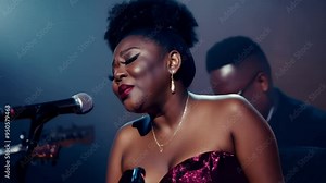 African American plus size jazz singer in red dress singing with microphone in dimly lit jazz club. She is wearing elegant red dress. Live band playing softly in shadow in background.