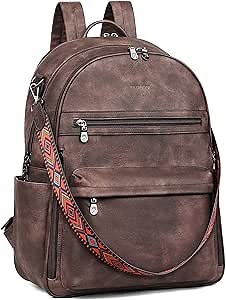 FADEON 15.6 inch Laptop Backpack Purse for Women Designer PU Leather Computer Backpacks Fashion for Work Travel Coffee Brown