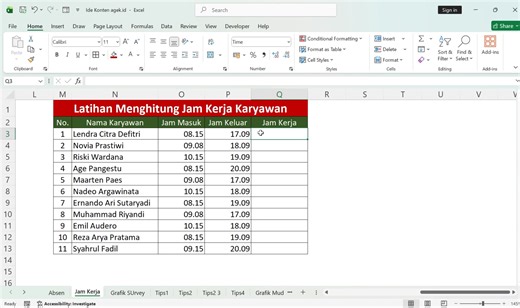 Mengelola data jam kerja dan lembur karyawan sering menjadi tantangan bagi HR, admin payroll, maupun pemula yang belajar Excel. Di video ini, kalian akan belajar cara menghitung jam kerja karyawan menggunakan Microsoft Excel, lengkap dengan contoh kasus dan latihan praktis. Tutorial ini cocok untuk kalian yang ingin mengolah absensi kerja karyawan menggunakan format jam masuk, jam pulang, istirahat, serta aturan lembur. 📥 File latihan & eBook bisa kalian akses di sini: 🔗 https://lynk.id/agek.i