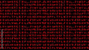 Motion graphics featuring lines of alien style hieroglyphs and written text rapidly changing in random sequences in small-sized red font - ideal for screen replacement content