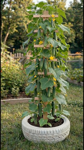 🥒 A Vertical Cucumber Tower That Transforms Small Spaces 🌿⬆️ Sometimes all it takes is a simple wooden structure and a compact planter to create something truly productive. This vertical cucumber tower turns a small growing space into a powerful harvest system. As the vines climb the horizontal slats, they naturally wrap around the structure — forming a lush green column filled with flowers and crisp cucumbers hanging at every level. ✔️ Perfect for compact gardens ✔️ Strong support for healthy