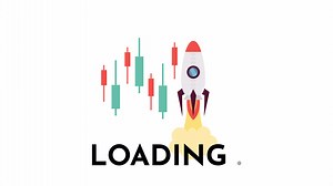 Stock market trends 2D loading animation. Trading candlesticks stocks with rocket take off animated cartoon object 4K video loader motion graphic. Buying and selling download, upload progress gif