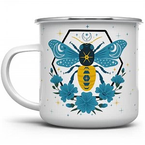 Loftipop Celestial Bee Enamel Camping Coffee Mug, Floral Moon Stars Honey Bee Gift Cup Friend Coworker Women Men (12oz)