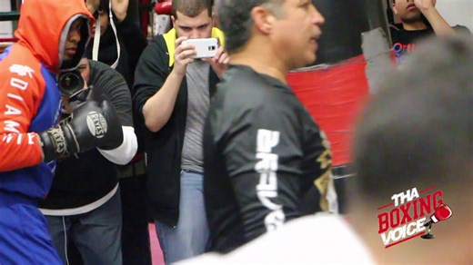 Felix Verdejo and Christopher Diaz double team heavy bags at Mendez Boxing in NYC